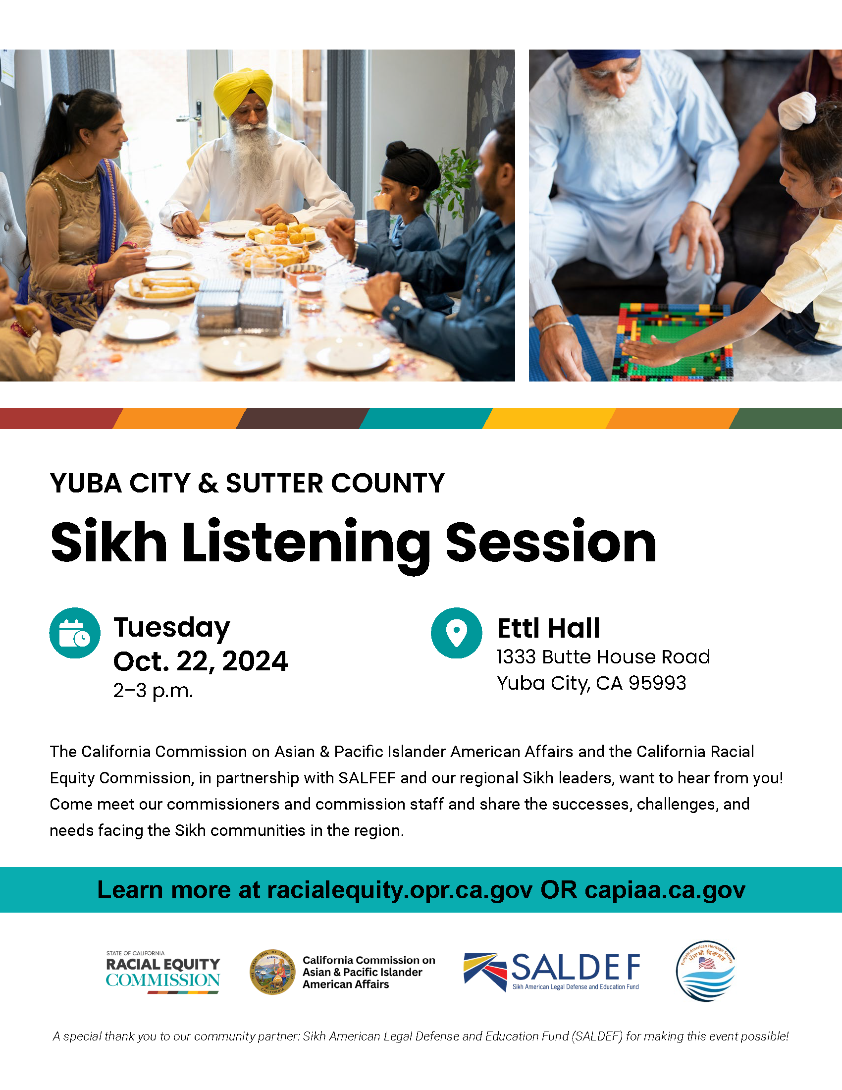 Yuba-Sutter Sikh Listening Session on Oct. 22, 2024. 2 – 3:30 p.m. Ettl Hall, 1333 Butte House Rd, Yuba City, CA 95993